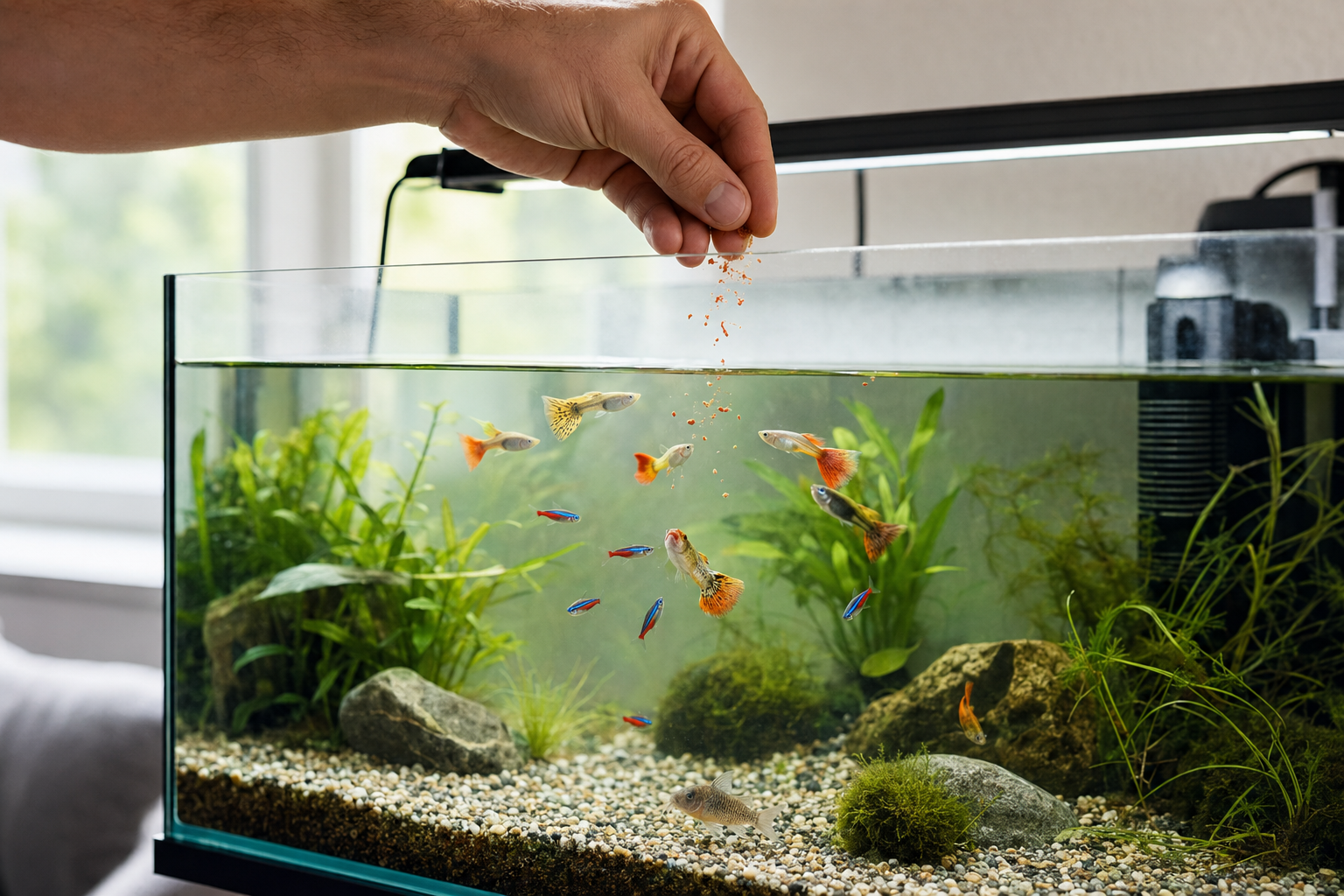 Aquariumvissen krijgen een kleine hoeveelheid voer in een helder aquarium