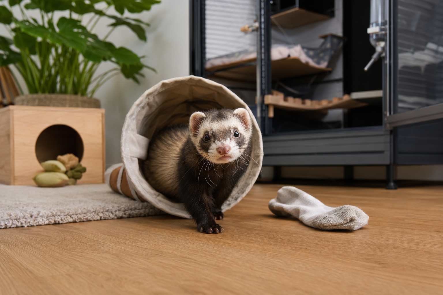 Nieuwsgierige fret speelt in een veilige woonkamer met tunnel
