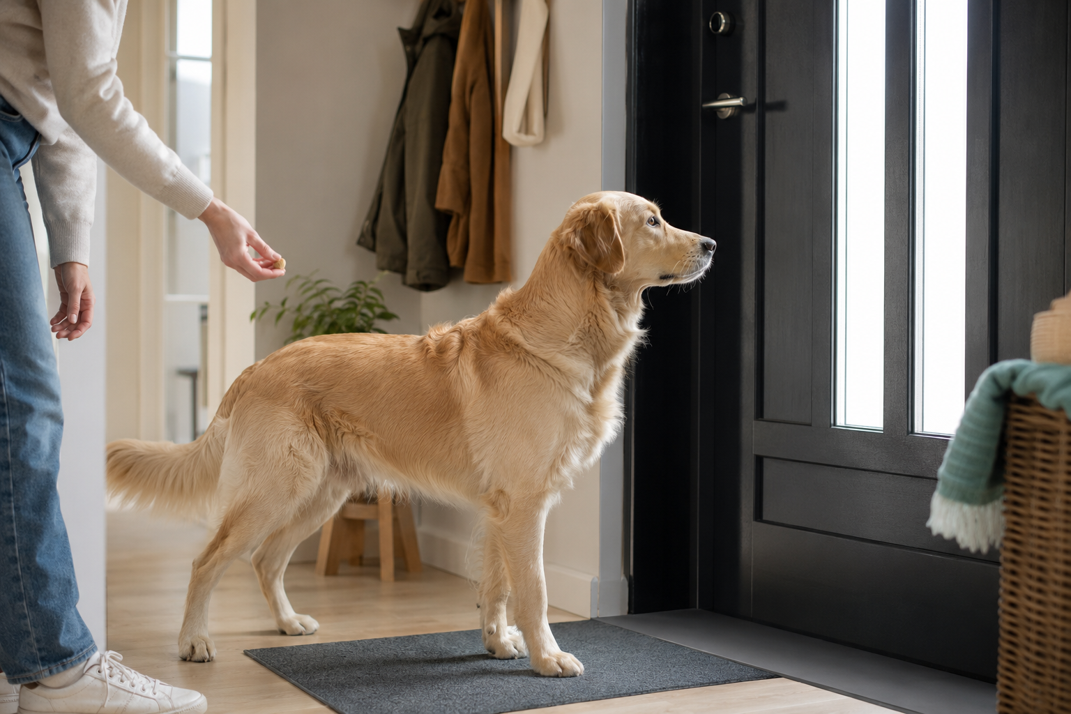 Hond leert rustig reageren op de deurbel tijdens een training in de hal