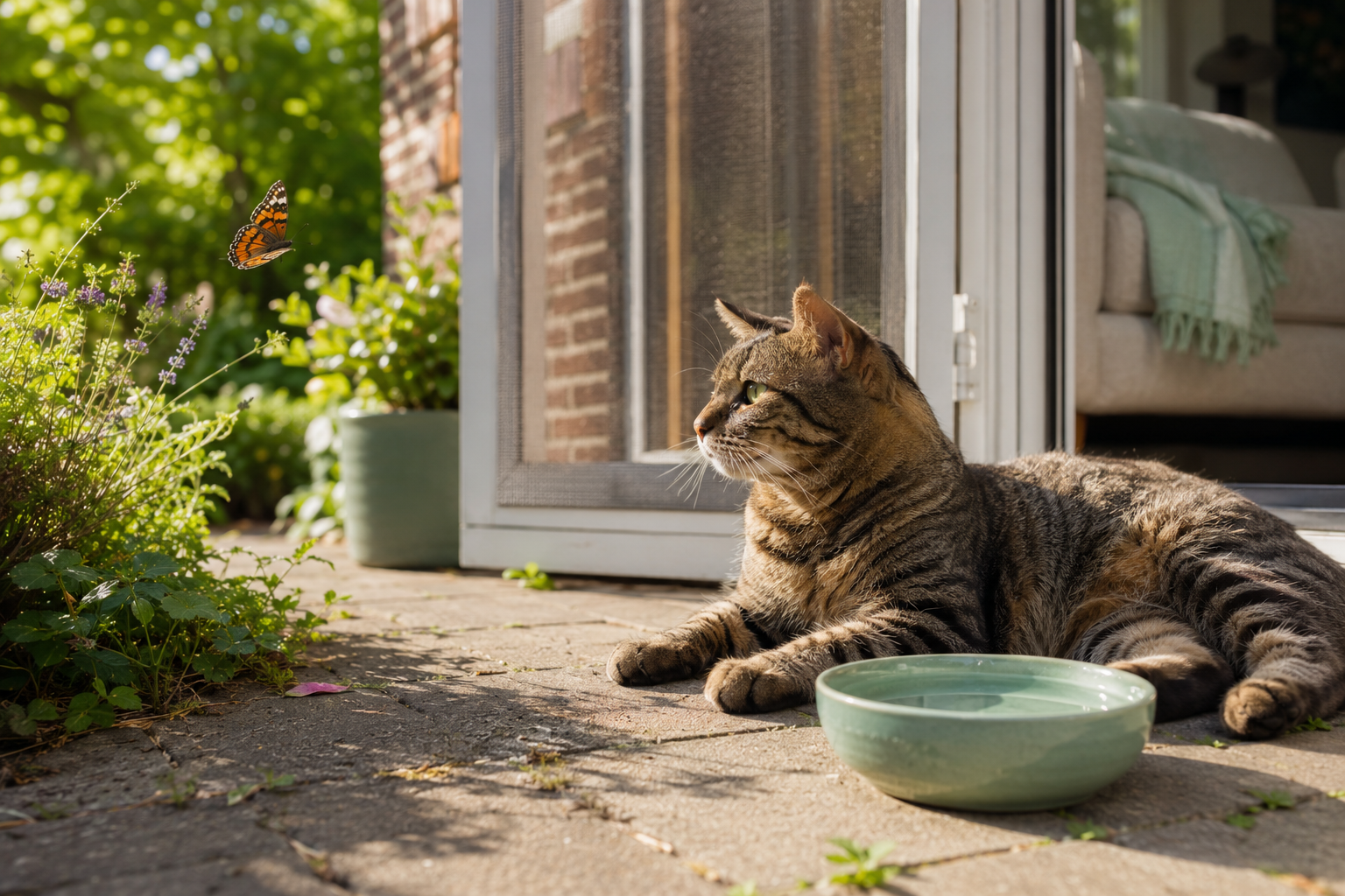 Kat geniet veilig van een zonnige zomerdag bij huis