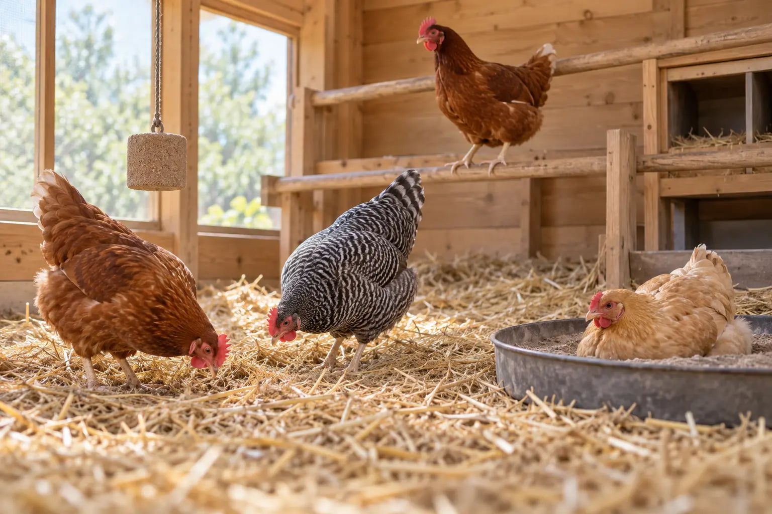 Kippen scharrelen, stofbaden en rusten in een verrijkt binnenhok