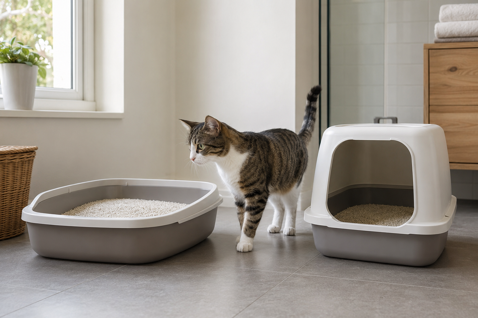 Kat vergelijkt een ruime open kattenbak met een dichte kattenbak