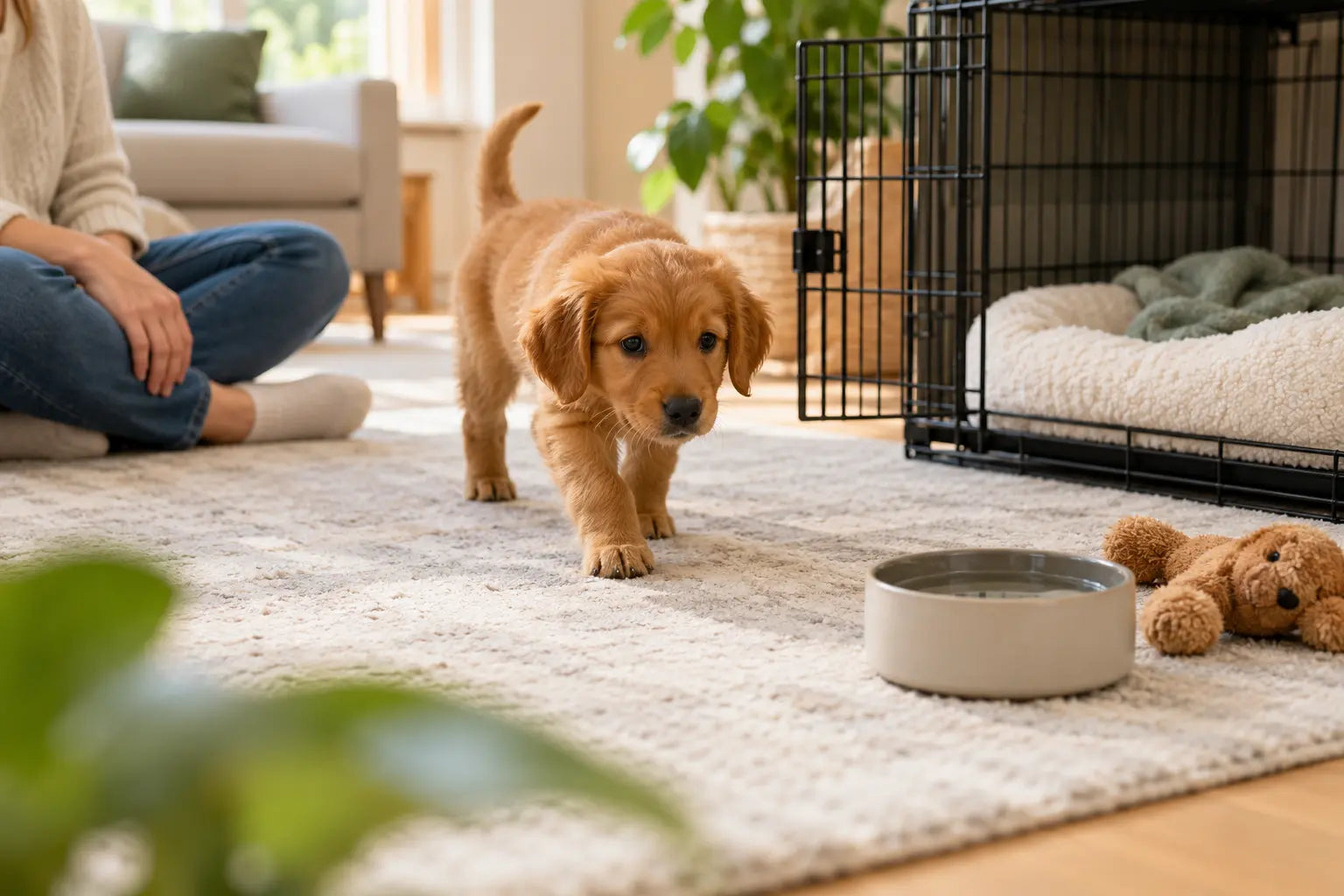 Jonge puppy verkent rustig zijn voorbereide slaapplek in huis
