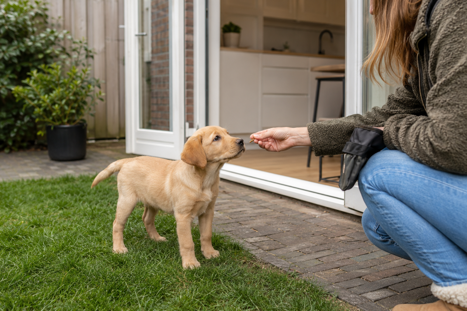Puppy wordt direct buiten beloond tijdens de zindelijkheidstraining