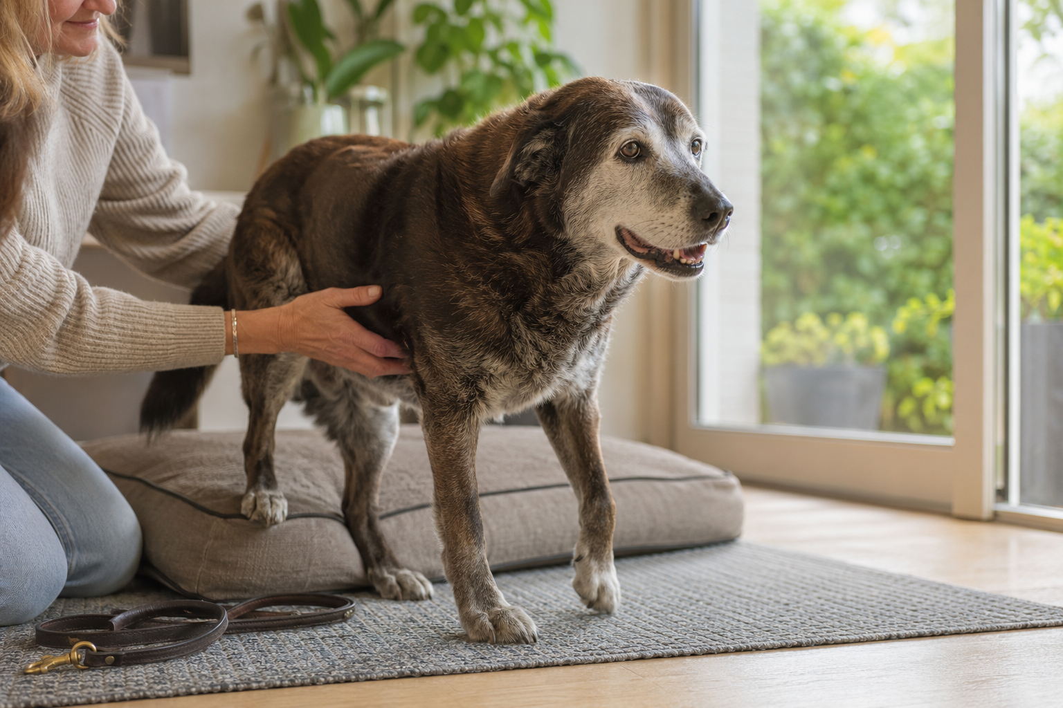 Oudere hond krijgt ondersteuning bij het opstaan uit zijn hondenmand