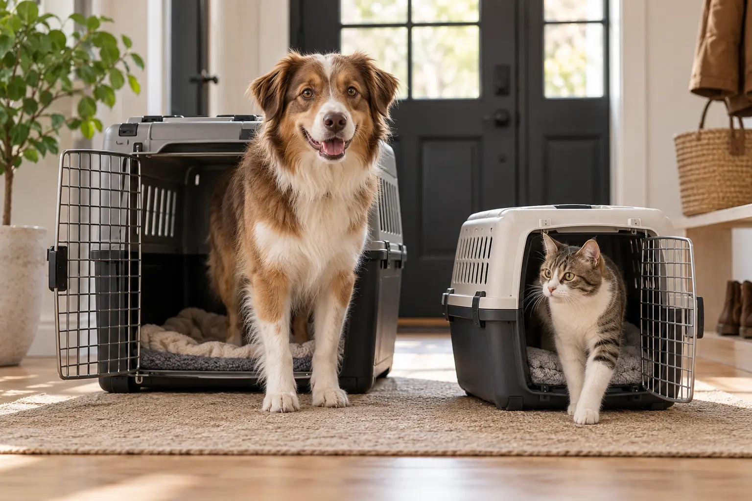 Hond en kat wennen rustig aan passende transportboxen