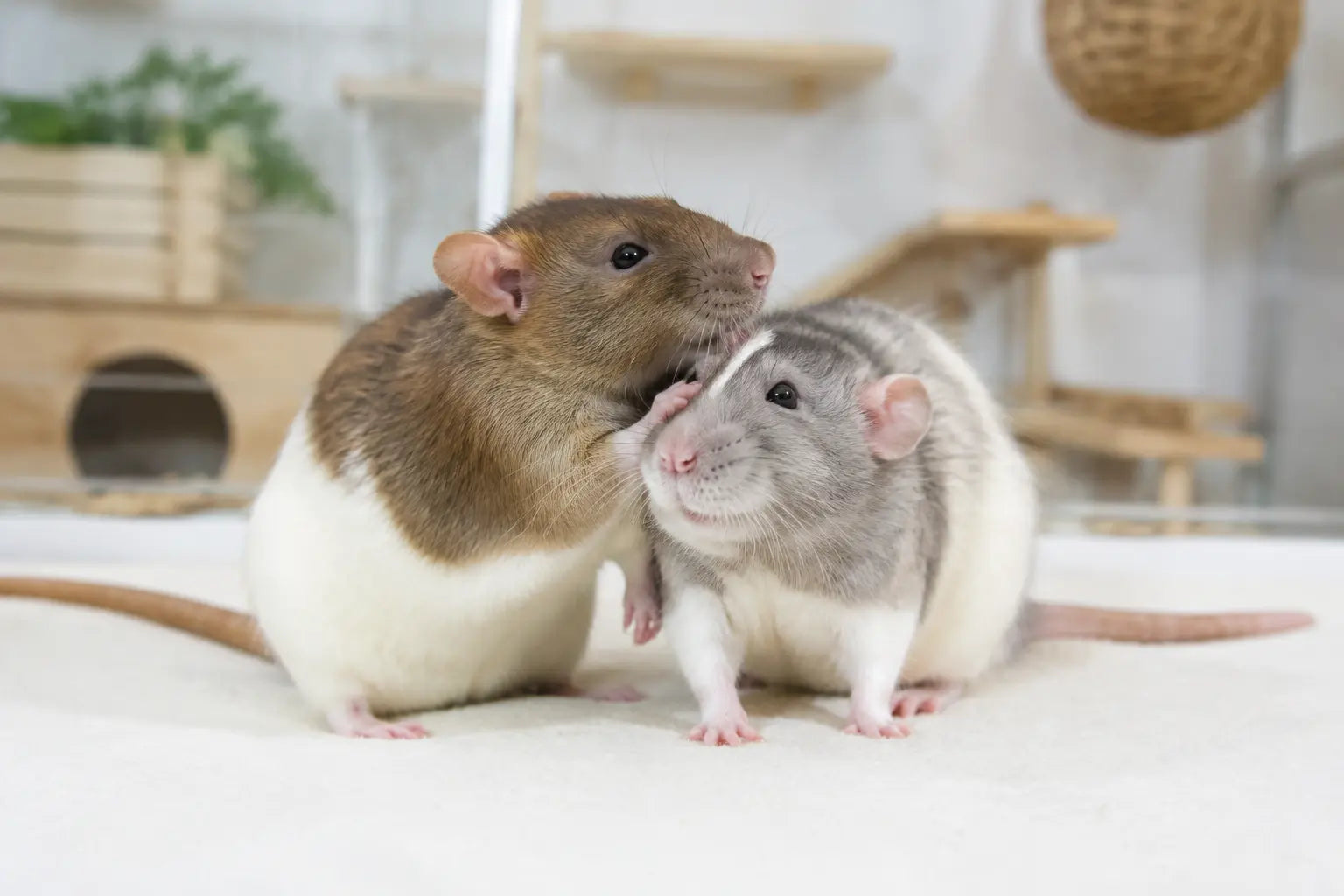 Twee tamme ratten verzorgen elkaars vacht in een rustige woonomgeving