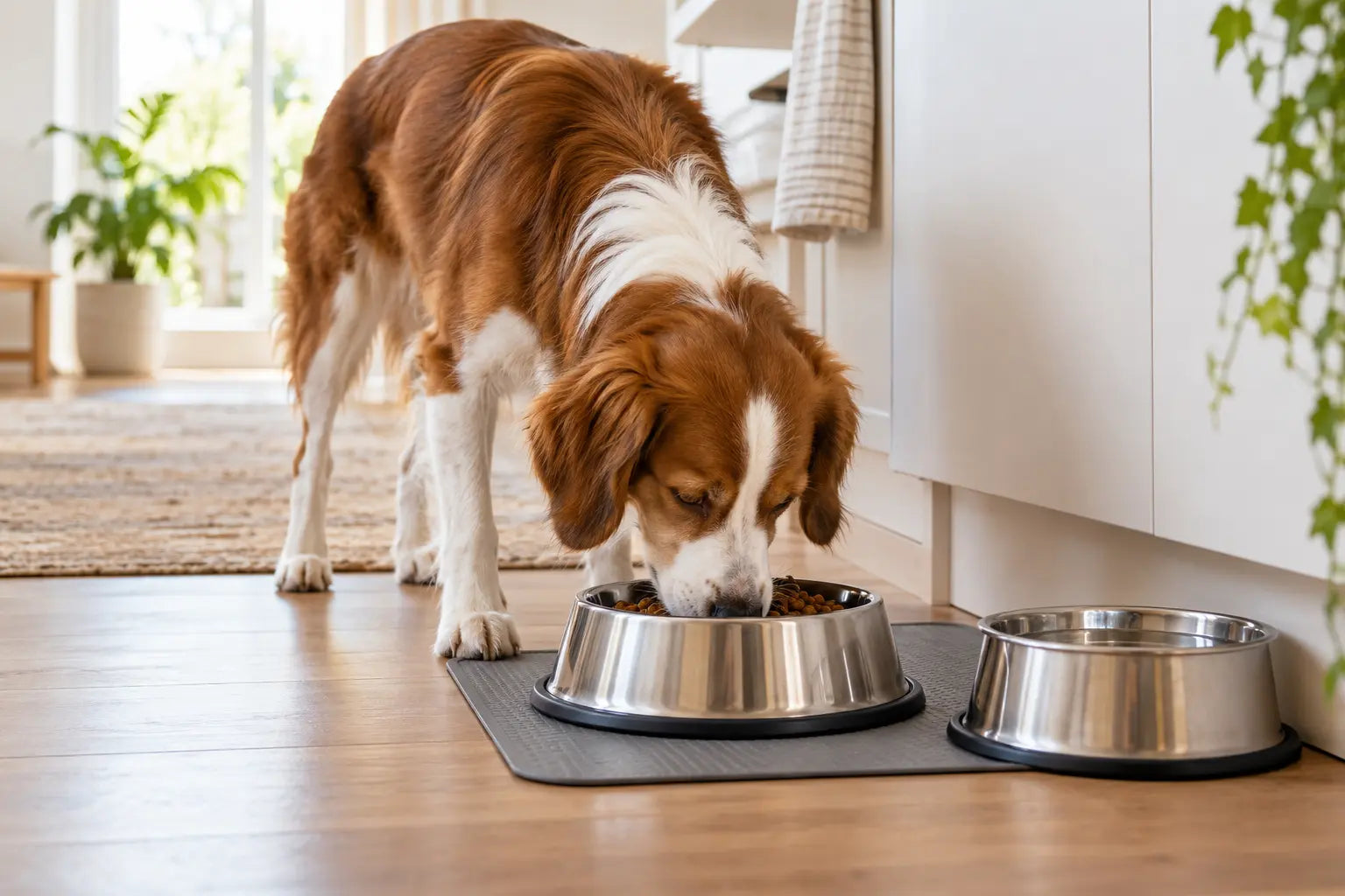 Hond eet rustig uit een stabiele voerbak op een antislipmat