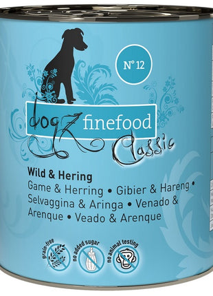 Dogz Finefood Classic N.12 Dziczyzna i śledź puszka 800g